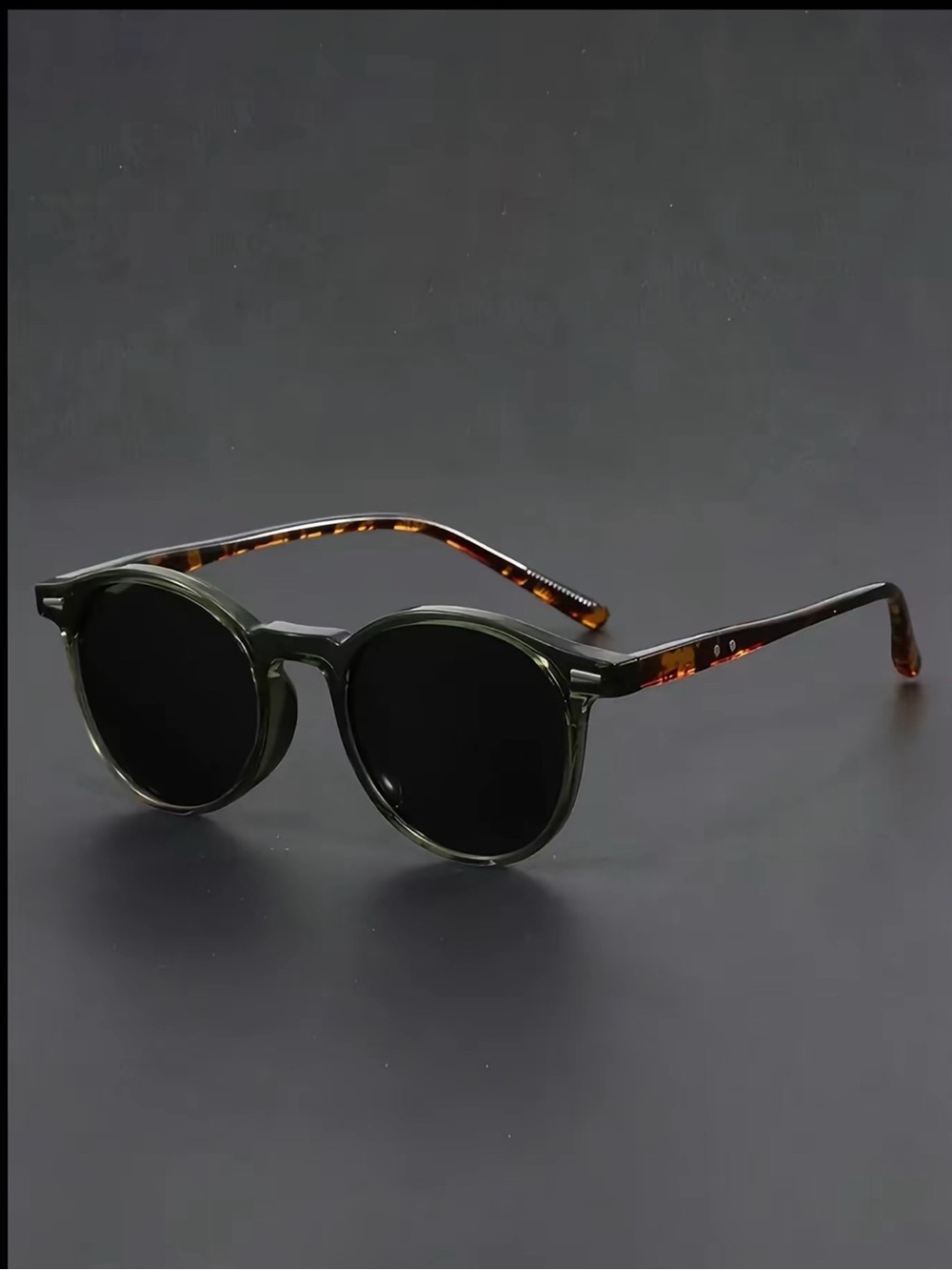 Round Frame Sunglasses in Olive Green with Tortoiseshell Temples